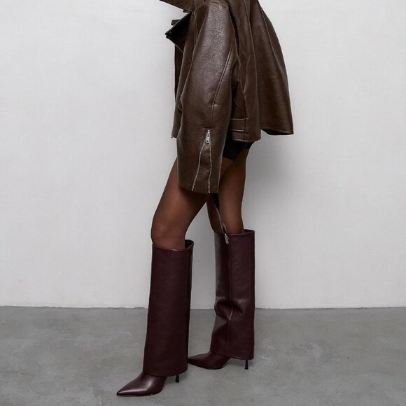 Women's Pointed Toe Tall Zipper Shark Fold Over Burgundy Pu Knee High Heel Boots - Picture 2 of 8